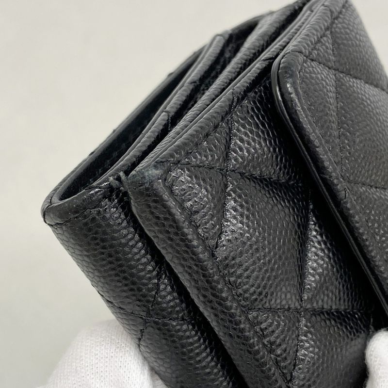 Chanel Trifold Wallet Quilted Caviar Leather Black Gold