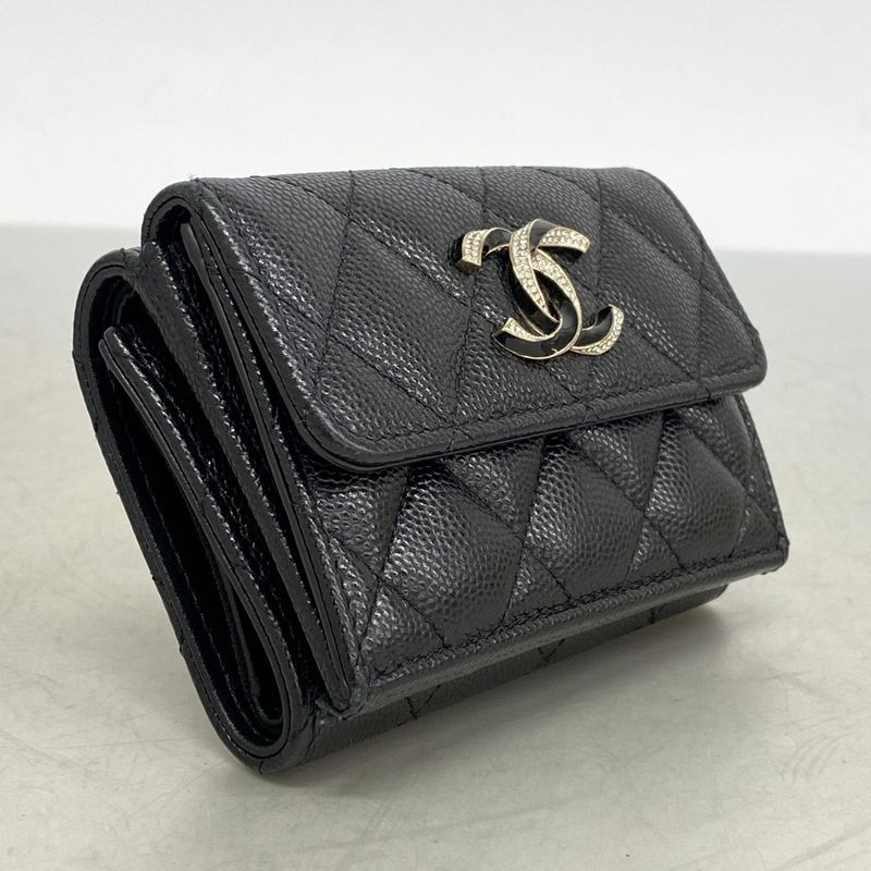 Chanel Trifold Wallet Quilted Caviar Leather Black Gold