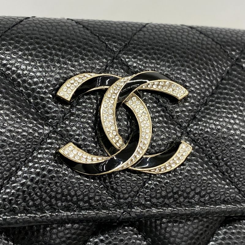 Chanel Trifold Wallet Quilted Caviar Leather Black Gold
