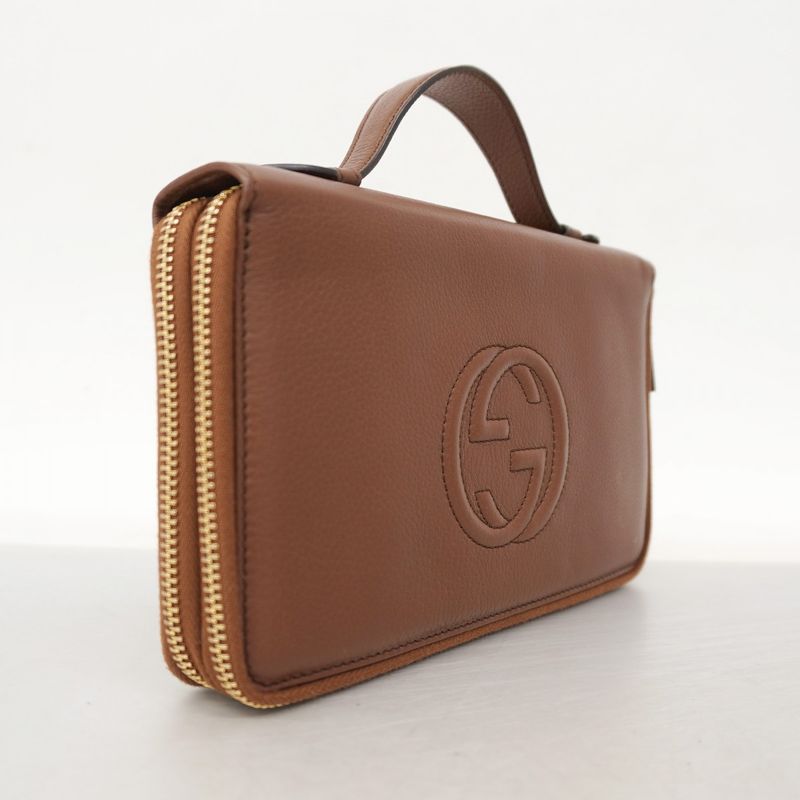 Gucci Wallet Interlocking Leather Brown Gold