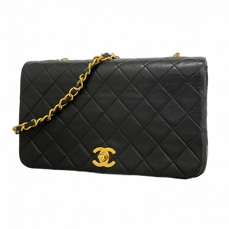 Chanel Shoulder Bag Quilted Lambskin Black Silver