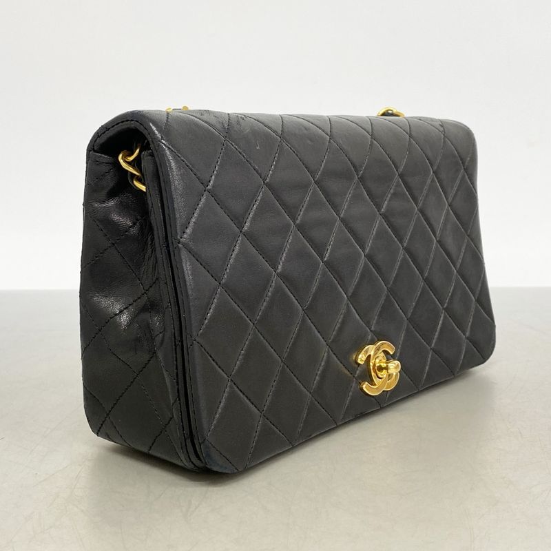 Chanel Shoulder Bag Quilted Lambskin Black Silver