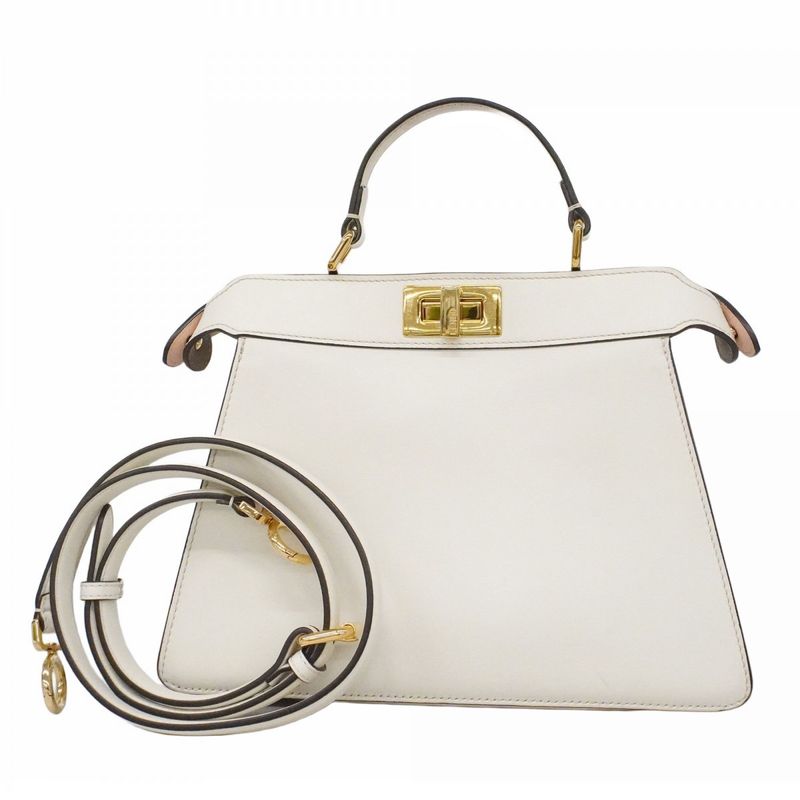 Fendi Handbag Peekaboo Eyelash Leather White Gold 2-Way Bag
