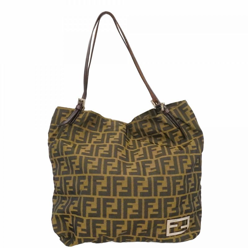 Fendi Tote Zucca Nylon Canvas Brown Silver