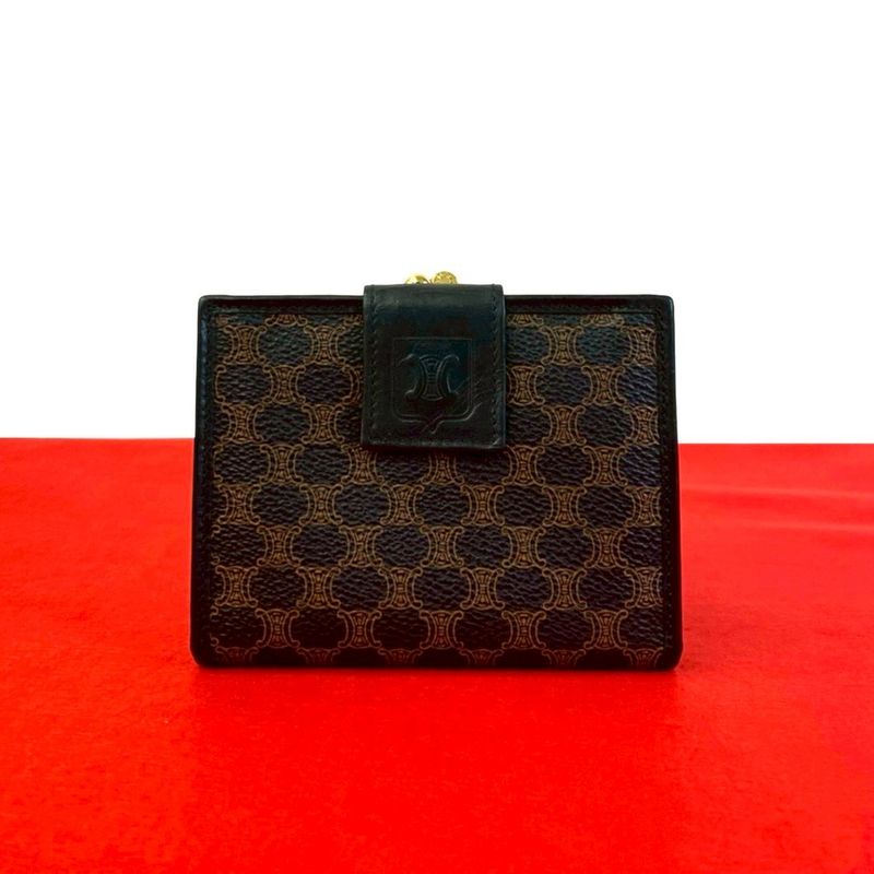 Celine Vintage Macadam Blason Pattern Leather Bifold Wallet Mini Black Brown