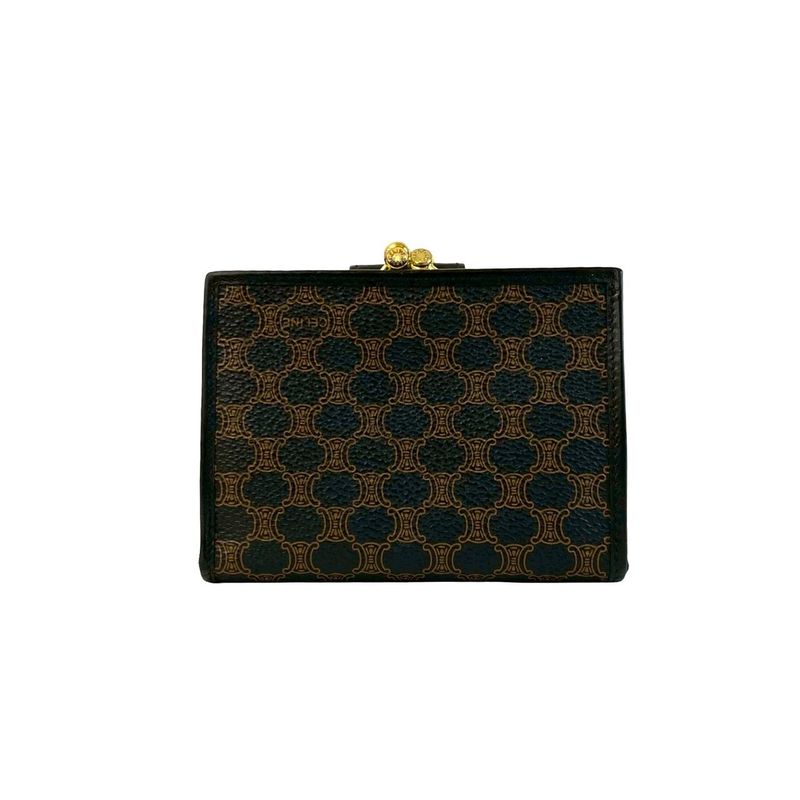 Celine Vintage Macadam Blason Pattern Leather Bifold Wallet Mini Black Brown