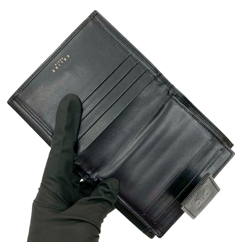 Celine Vintage Macadam Blason Pattern Leather Bifold Wallet Mini Black Brown