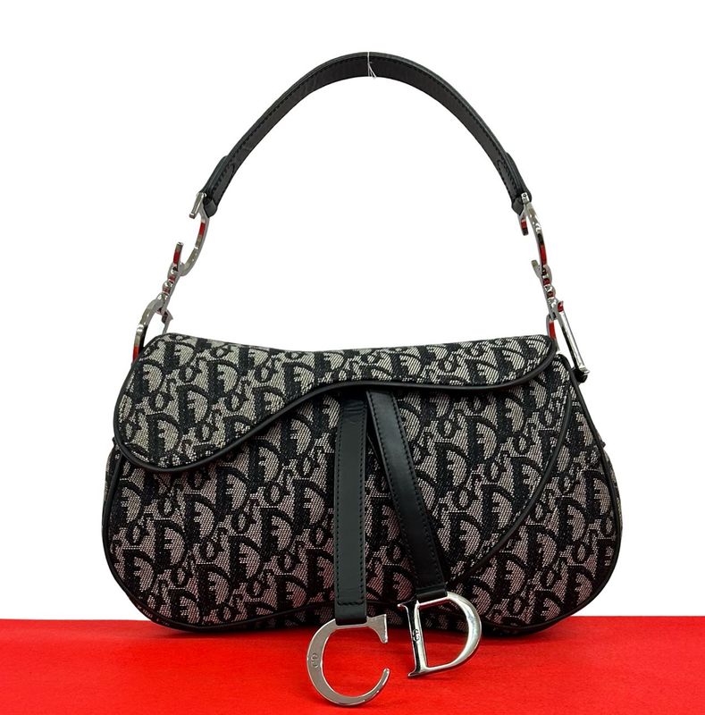 Dior Saddle Bag Trotter Canvas Leather Black