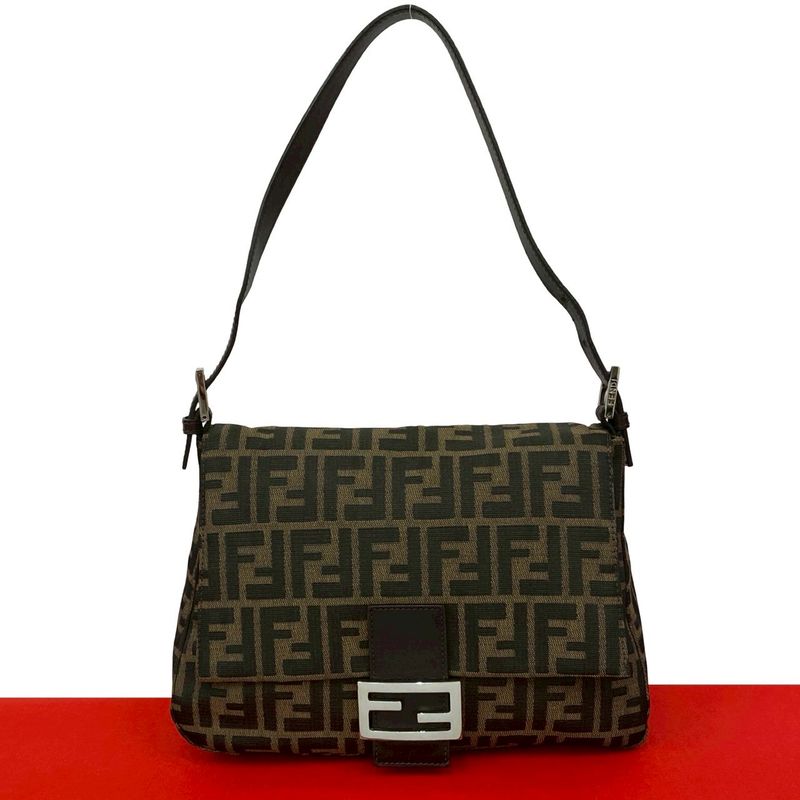 Fendi Mamma Bucket Zucca FF Pattern Leather Canvas Shoulder Bag Brown Black