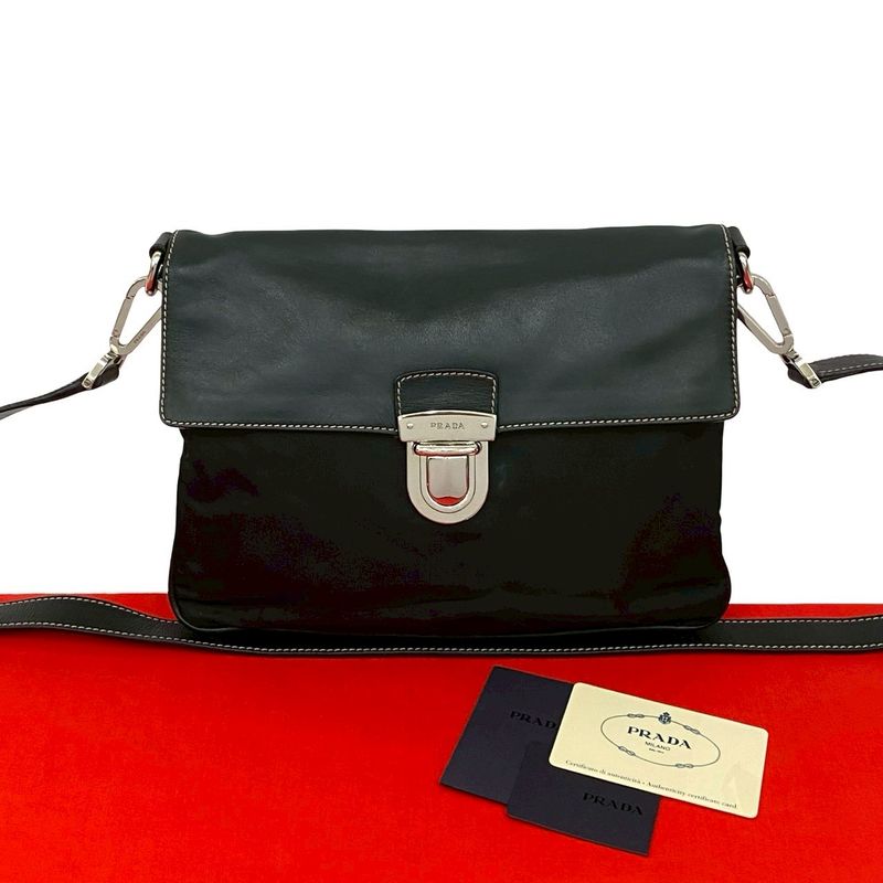 Prada Triangle Logo Leather Tessuto Shoulder Bag