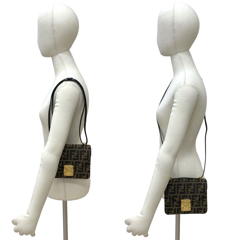 Fendi Zucca FF Pattern Canvas Leather Shoulder Bag Semi Pochette Brown Black