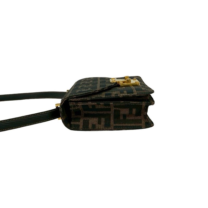 Fendi Zucca FF Pattern Canvas Leather Shoulder Bag Semi Pochette Brown Black