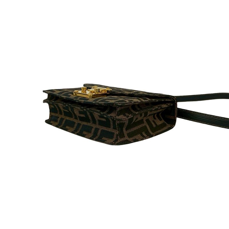 Fendi Zucca FF Pattern Canvas Leather Shoulder Bag Semi Pochette Brown Black