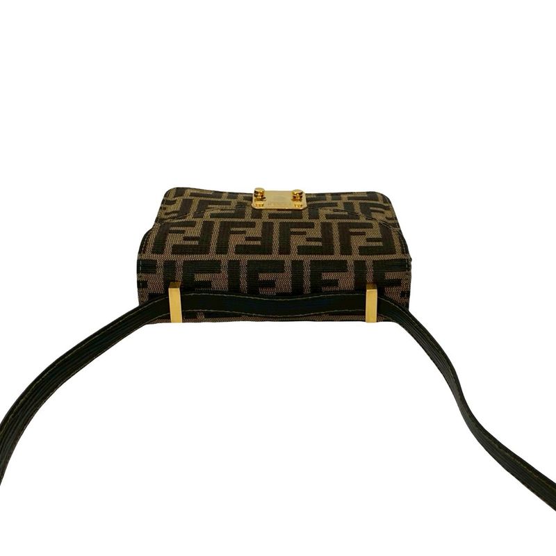 Fendi Zucca FF Pattern Canvas Leather Shoulder Bag Semi Pochette Brown Black