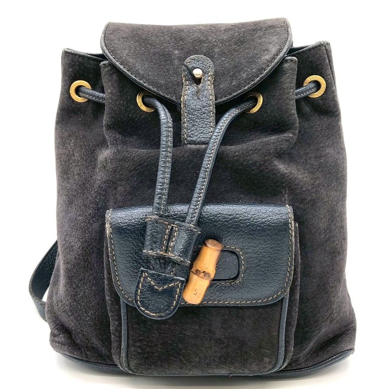 Gucci 003 Bamboo Backpack Suede Navy Vintage