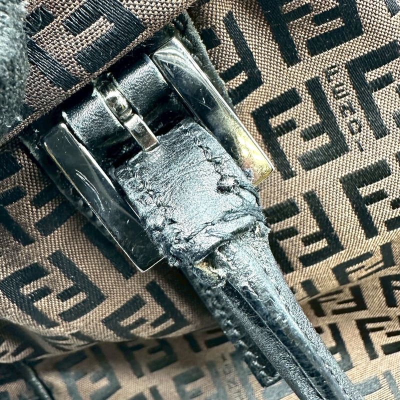 Fendi Tote Zucchino Canvas Leather Dark Brown Black Vintage