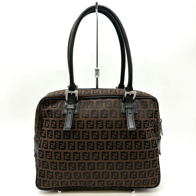 Fendi Tote Zucchino Canvas Leather Dark Brown Black Vintage
