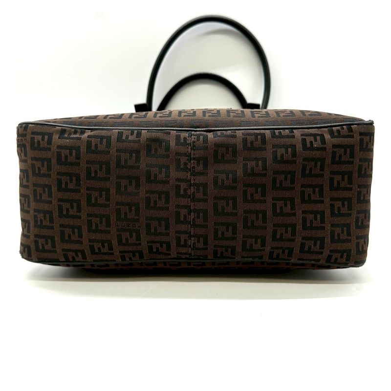 Fendi Tote Zucchino Canvas Leather Dark Brown Black Vintage