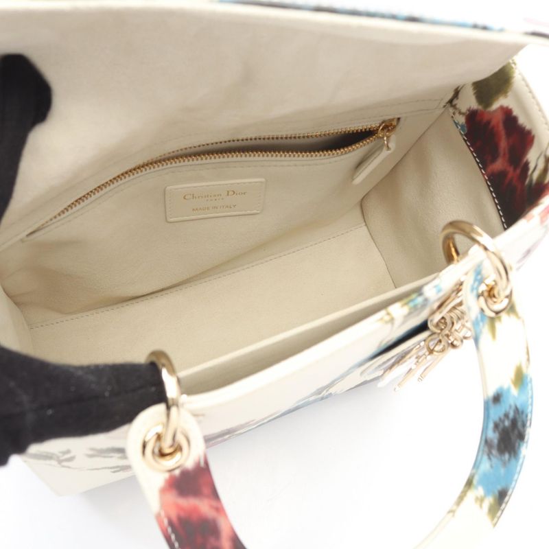 Dior Handbag Lady Dior Off White Flower Print Leather Lady Dior 2-Way Tote Midi Multi-color