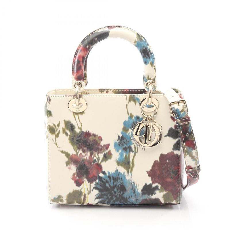 Dior Handbag Lady Dior Off White Flower Print Leather Lady Dior 2-Way Tote Midi Multi-color