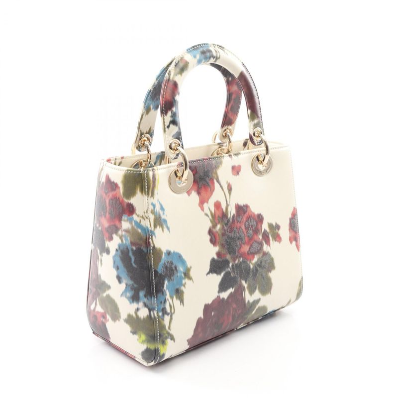 Dior Handbag Lady Dior Off White Flower Print Leather Lady Dior 2-Way Tote Midi Multi-color