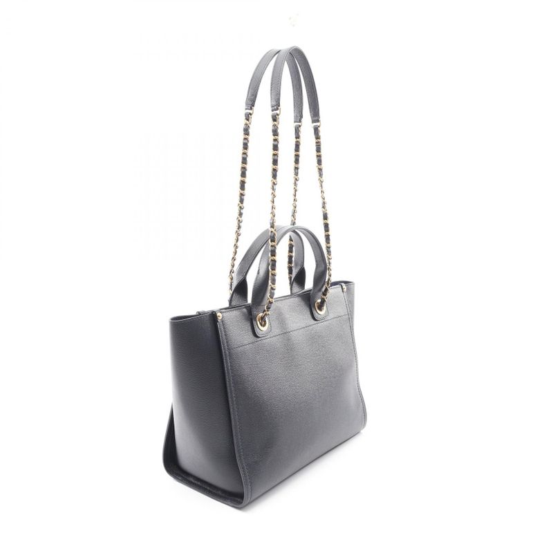 Chanel Tote Deauville Navy Leather Logo Studs Chain