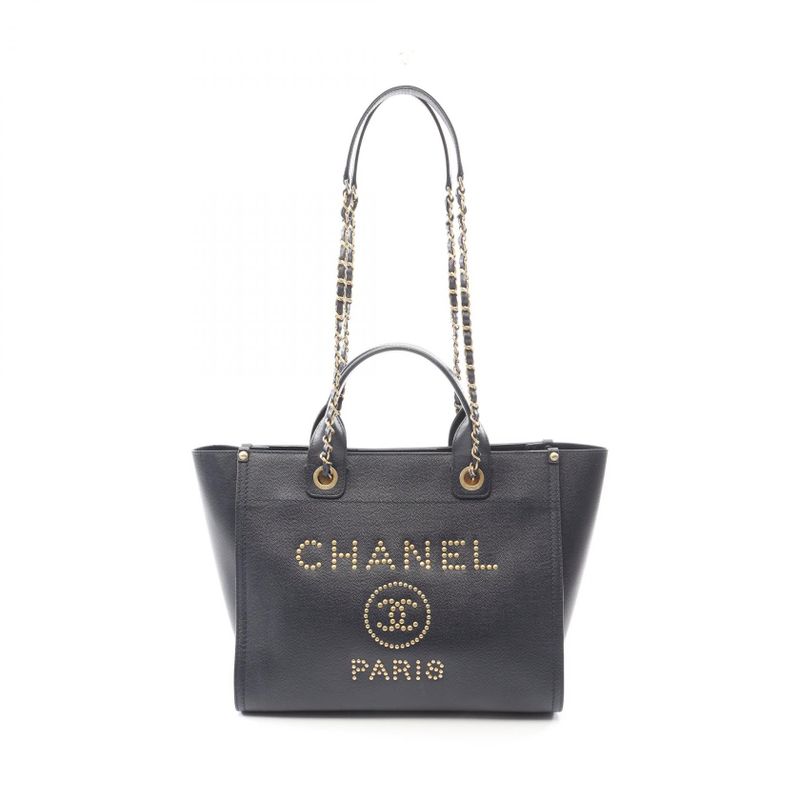 Chanel Tote Deauville Navy Leather Logo Studs Chain