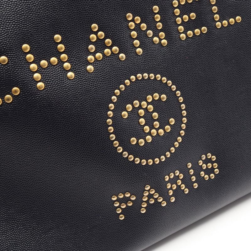 Chanel Tote Deauville Navy Leather Logo Studs Chain