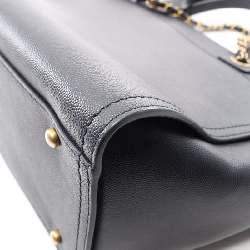 Chanel Tote Deauville Navy Leather Logo Studs Chain