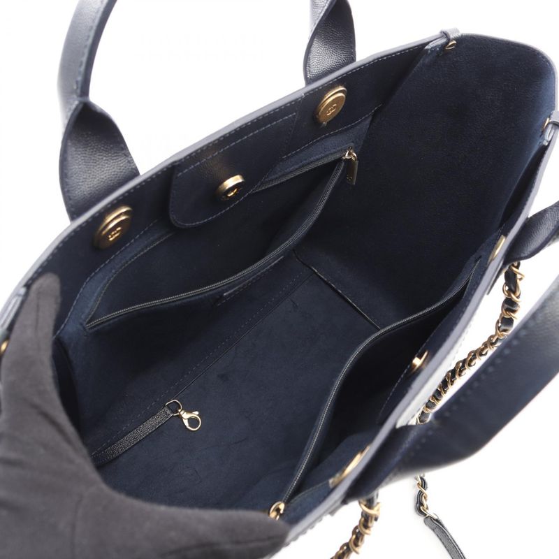 Chanel Tote Deauville Navy Leather Logo Studs Chain