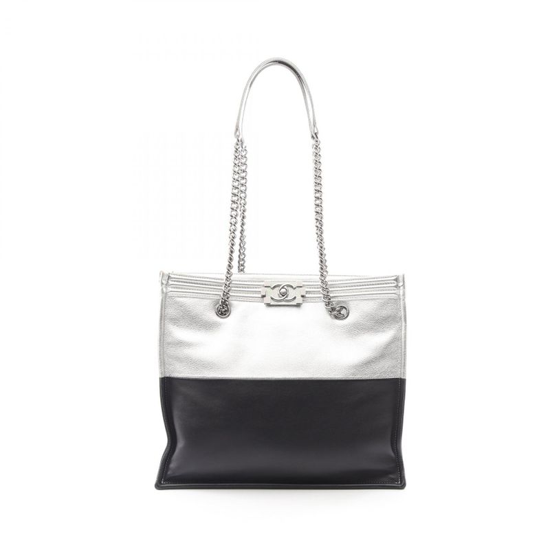 Chanel Tote Black Silver Leather Chain