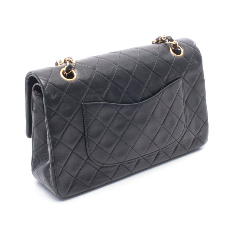 Chanel Shoulder Bag Quilted Double Flap Black Lambskin Chain