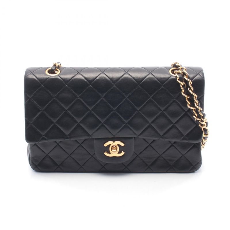 Chanel Shoulder Bag Quilted Double Flap Black Lambskin Chain