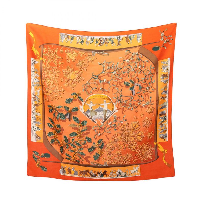 Hermes Scarf Carre 90 Neige D'antan Silk Orange Multicolor