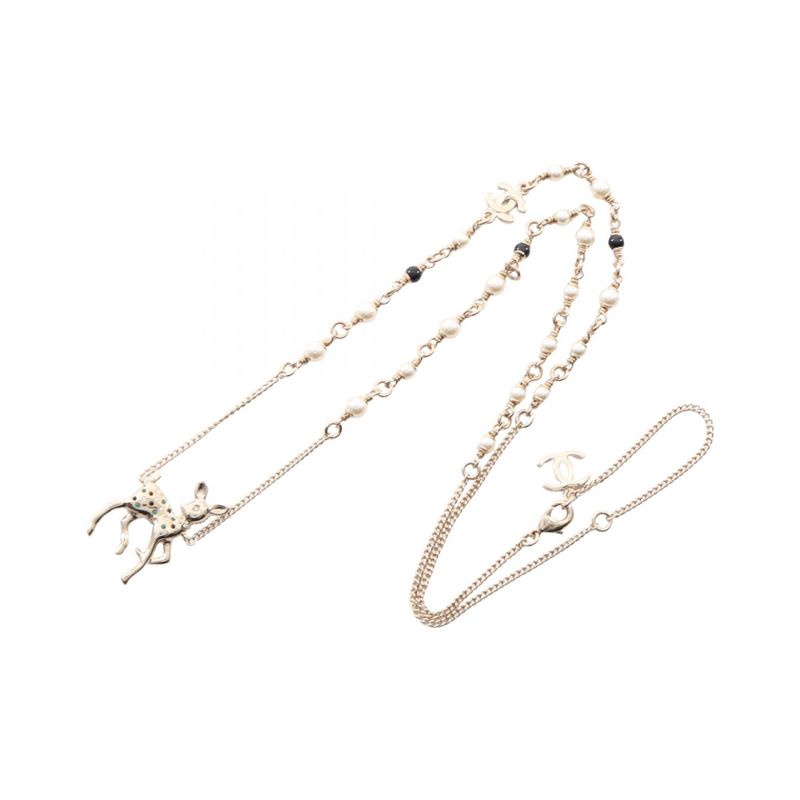 Chanel Necklace Earrings Gift CC Logo Bambi Gold White Green