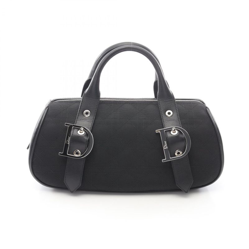 Dior Tote Cannage Black Canvas Leather D Buckle Boston Bag