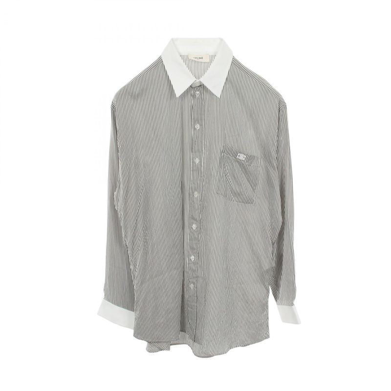 Celine Triomphe Embroidery Silk Cotton Shirt Gray White