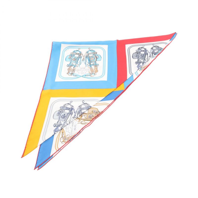 Hermes Scarf Triangle Jean Brides de Gala Silk Shawl Blue Yellow Red