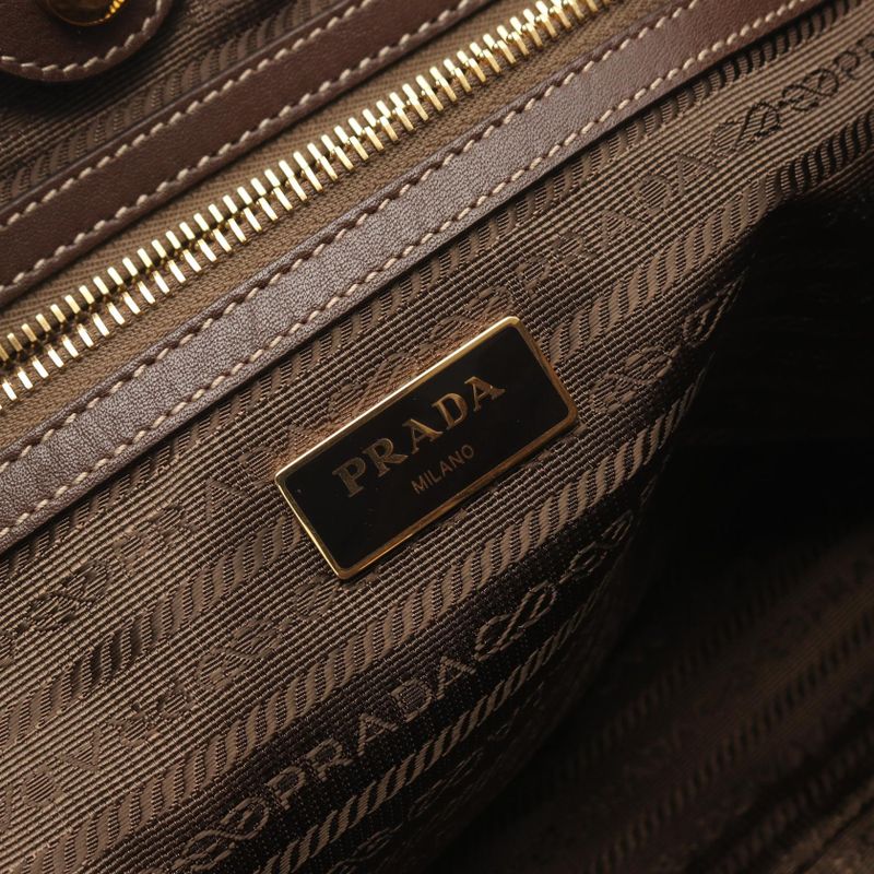 Prada Tote Logo Jacquard Brown Canvas Leather Beige