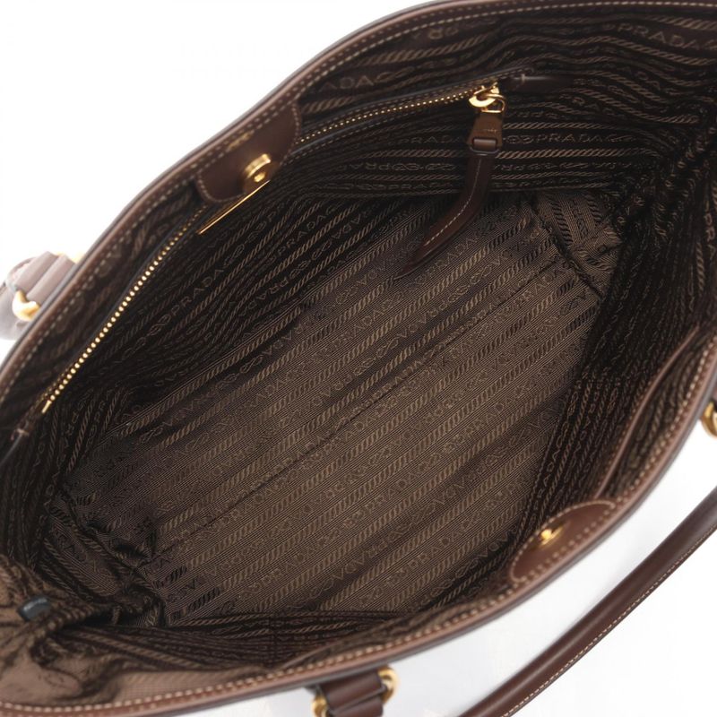 Prada Tote Logo Jacquard Brown Canvas Leather Beige