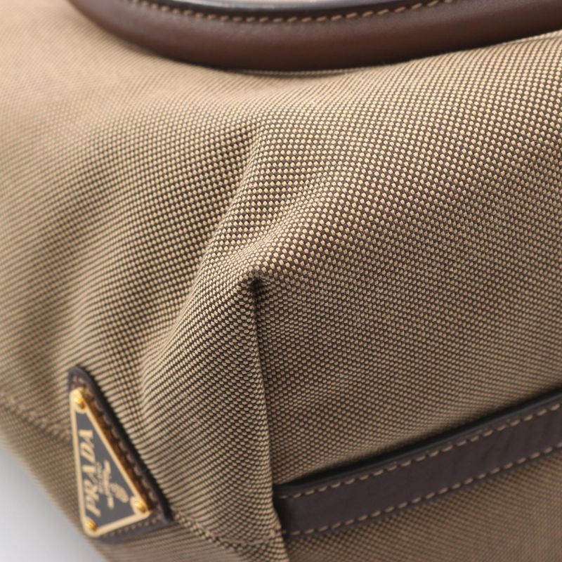 Prada Tote Logo Jacquard Brown Canvas Leather Beige