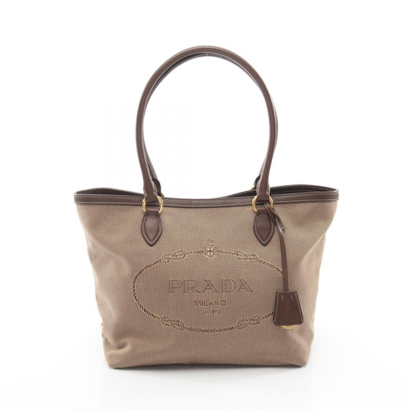 Prada Tote Logo Jacquard Brown Canvas Leather Beige
