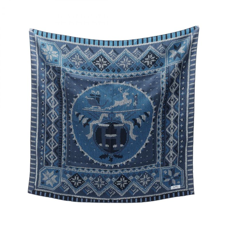 Hermes Scarf Carre 90 AU Coin du Feu Silk White Blue Navy