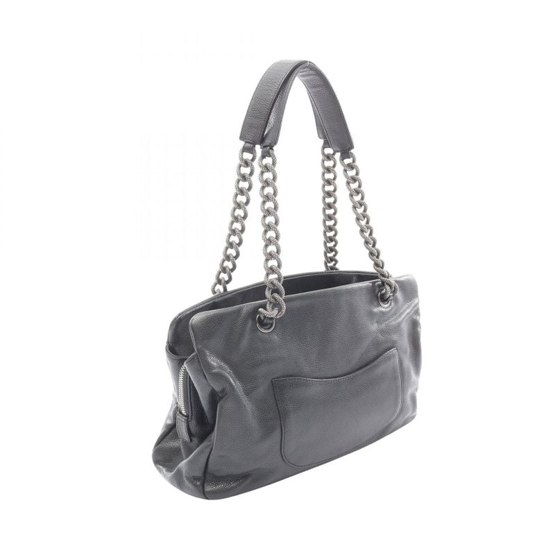 Chanel Shoulder Bag CC Logo Black Leather Calf Chain Tote