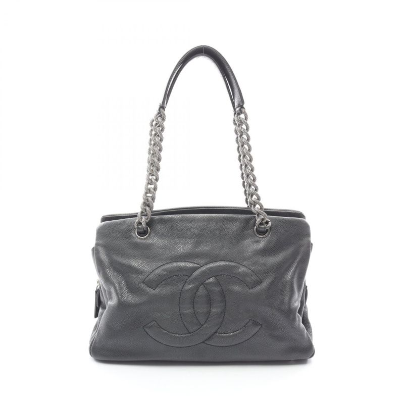 Chanel Shoulder Bag CC Logo Black Leather Calf Chain Tote