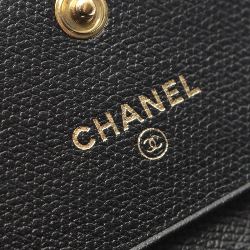 Chanel Trifold Wallet Coco Button Black Leather