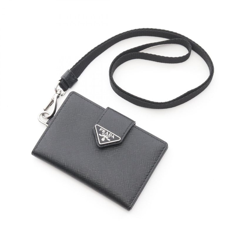 Prada Card Case Saffiano Triangle Black Leather