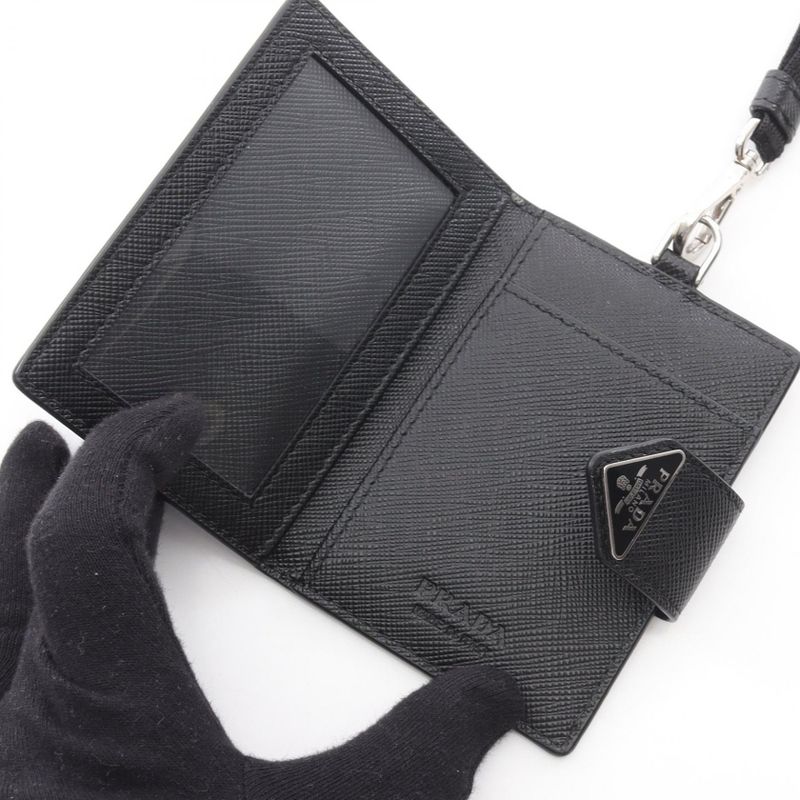 Prada Card Case Saffiano Triangle Black Leather