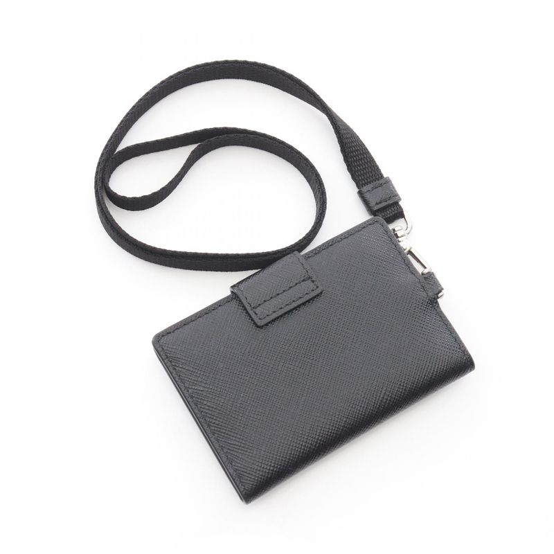 Prada Card Case Saffiano Triangle Black Leather