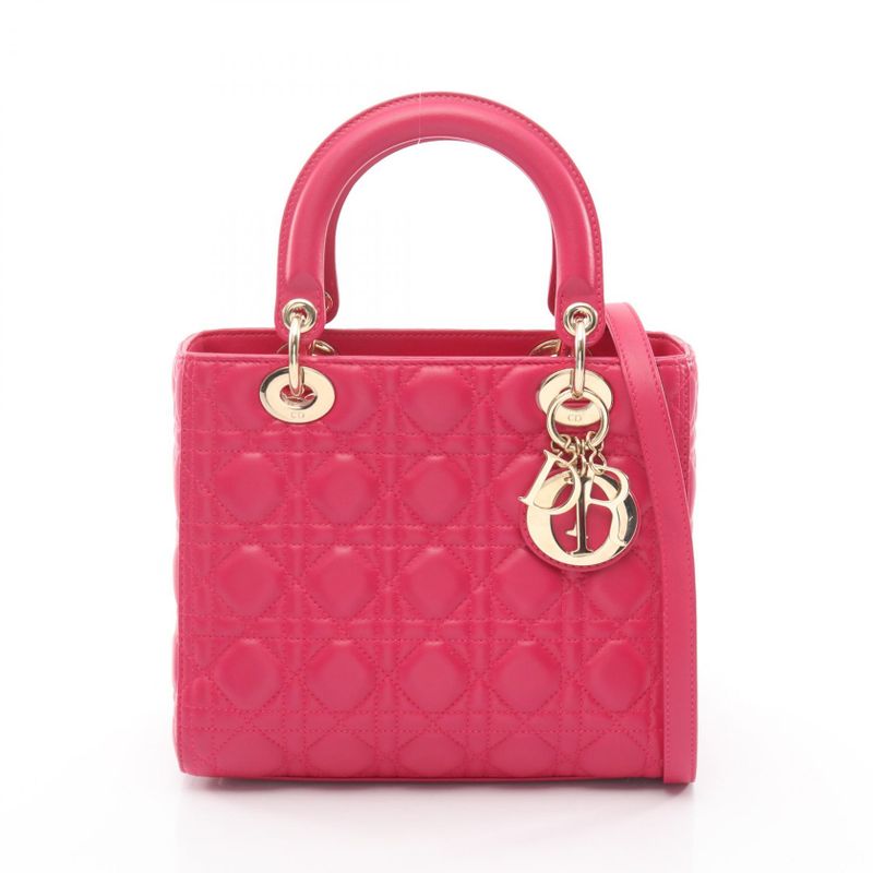 Dior Handbag Lady Dior Cannage Magenta Leather 2-Way Tote
